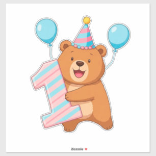 Pegatina Oso de cumpleaños lindo con sombrero de fiesta y g