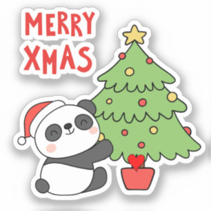 Pegatina Oso De Panda Cuto Con Árbol De Navidad