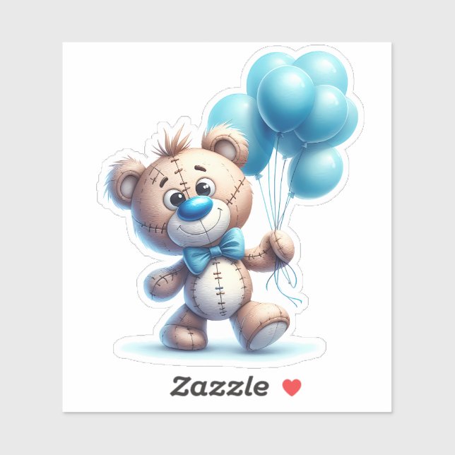 Pegatina Oso de peluche con globos azules (Hoja)