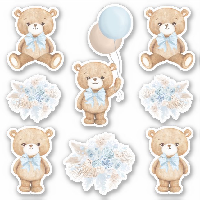 Pegatina Oso de Teddy de Boho con globo azul pastel (Anverso)