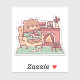 Pegatina Oso Marrón Adorable y Chimenea Acogedora