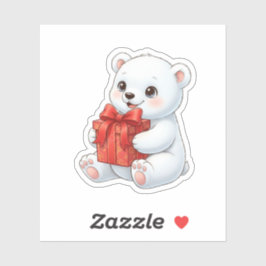 Pegatina Oso Polar Adorable Sosteniendo Regalo de Navidad