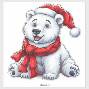 Pegatina Oso polar lindo con sombrero y bufanda de Santa