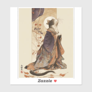 Pegatina "Otoño ensoñador" Gato japonés con kimono Arte