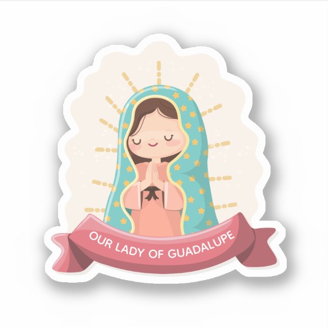Pegatina Our Lady of Guadalupe with ribbon Kawaii Style (Anverso)