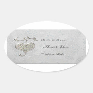 Pegatina Oval Boda del corazón plateado