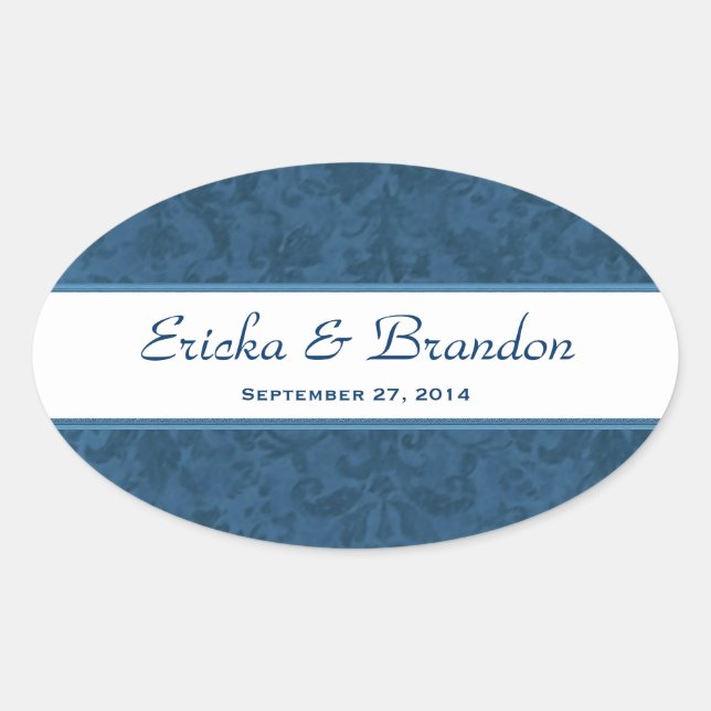 Pegatina Oval de la Marina Blue Grunge Damask (Anverso)