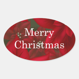 Pegatina Oval de la Poinsettia Roja navidades