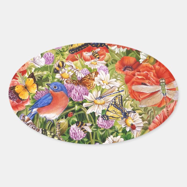 Pegatina Oval de pájaros y mariposas (Anverso)