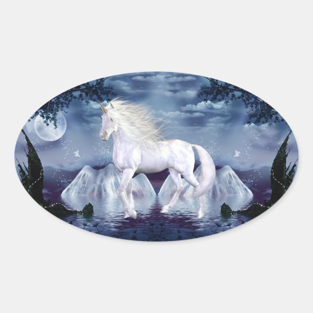 Pegatina Óval de unicornio de belleza blanca (Anverso)