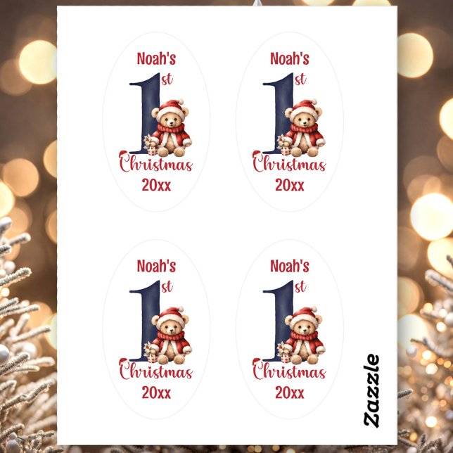 Pegatina Ovalada 1.ª Navidad Cute Teddy Bear Baby Boy (1st Christmas Cute Teddy Bear Baby Boy Oval Sticker)