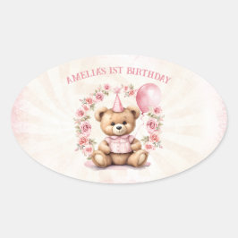 Pegatina Ovalada 1.ᵉʳ cumpleaños Teddy Bear Chica rosas