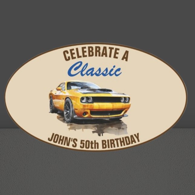 Pegatina Ovalada 50.º coche clásico de cumpleaños (Celebrate a milestone with our stunning 50th Birthday Classic Yellow Muscle Car Oval Sticker!)
