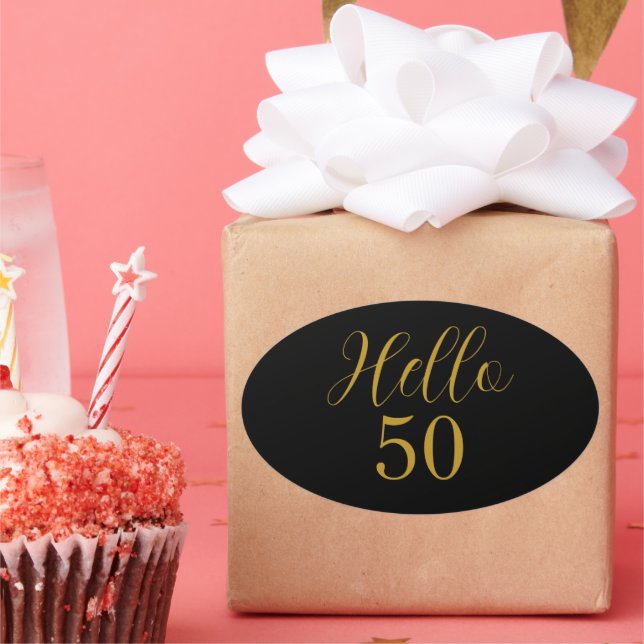 Pegatina Ovalada 50.º cumpleaños Oro Negro Elegante (Fiesta)