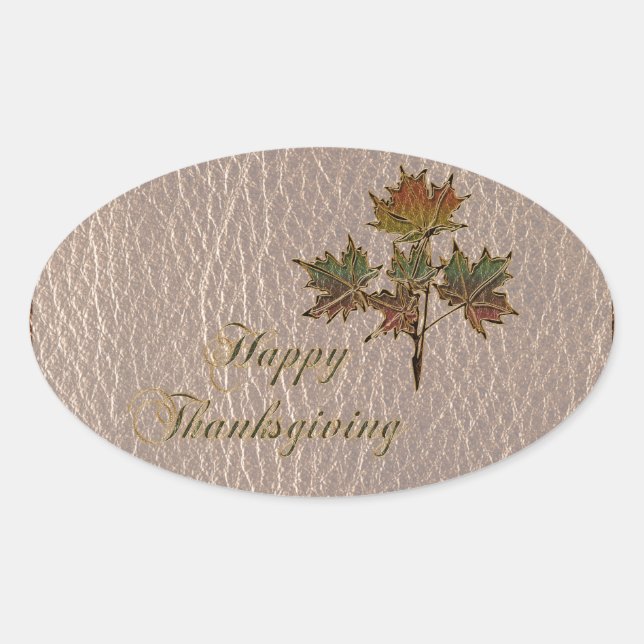 Pegatina Ovalada Acción de Gracias con aspecto de cuero 2 (Anverso)