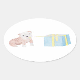 Pegatina Ovalada Acuarela Puppy malicioso con regalo de cumpleaños