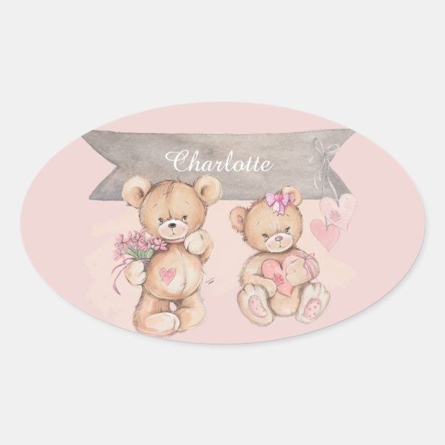 Pegatina Ovalada Adorable acuarela Teddy Bear Baby Shower Square (Anverso)