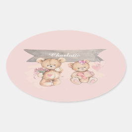 Pegatina Ovalada Adorable acuarela Teddy Bear Baby Shower Square
