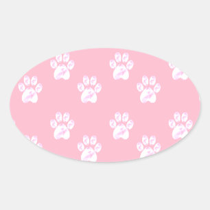 Pegatina Ovalada Adorable patrón de patas blancas sobre rosa