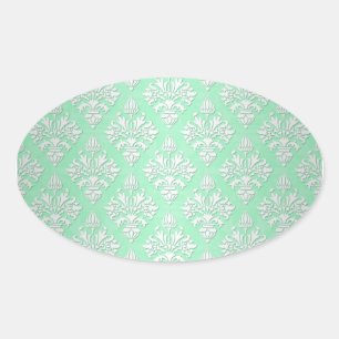Pegatina Ovalada Adorable Patrón Floral Damask de Color Verde Menta