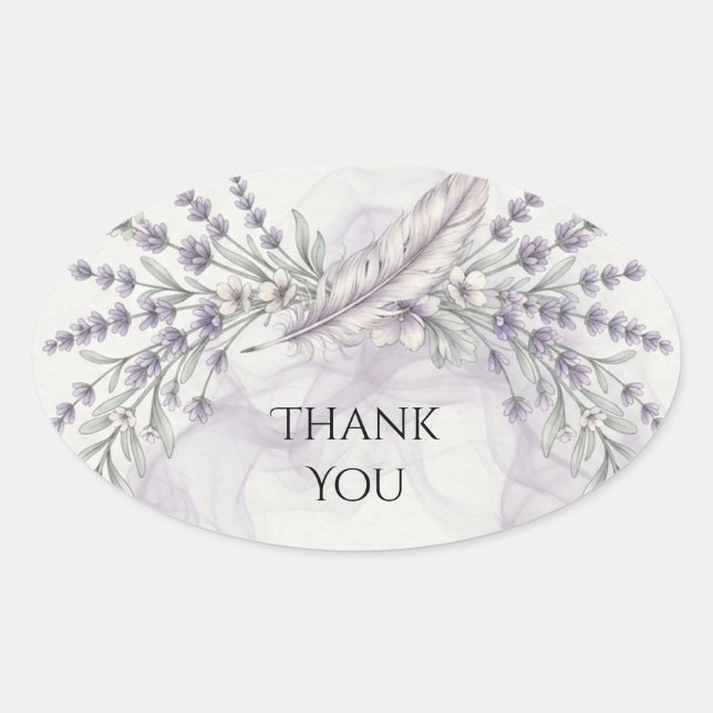 Pegatina Ovalada Agradecimiento de boda boho pluma de lavanda (Anverso)