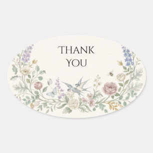 Pegatina Ovalada Agradecimiento de boda floral Pastel Hummingbird