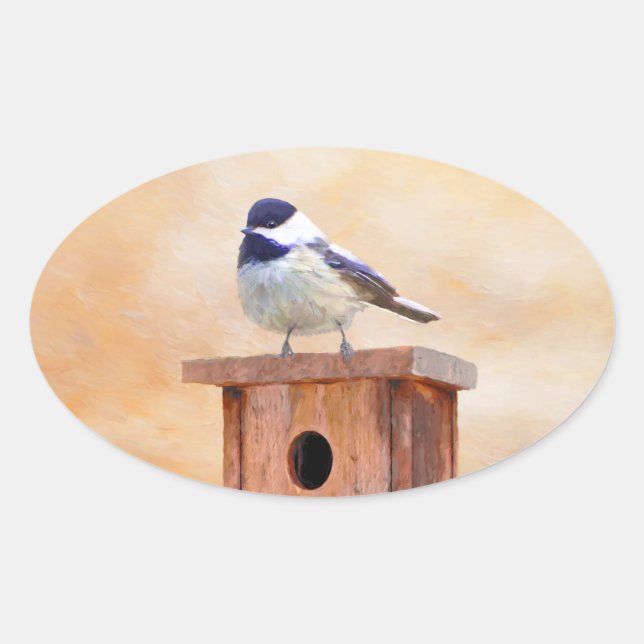 Pegatina Ovalada Ajedrez sobre pintura de aves original (Anverso)