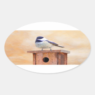 Pegatina Ovalada Ajedrez sobre pintura de aves original