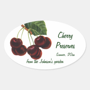 Pegatina Ovalada Alimentos de Frutas Vintage, Cerezas Maduras de un