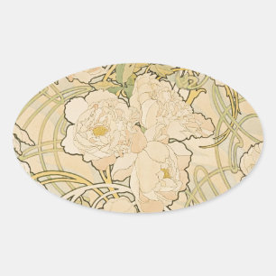 Pegatina Ovalada Alphonse Mucha Peonies Peony Rosas Fawn 1897