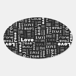 Pegatina Ovalada Amor con letras blancas y fondo negro