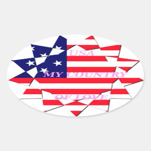 Pegatina Ovalada Amor de USA Estrellas y Banderas Mi País de Amor