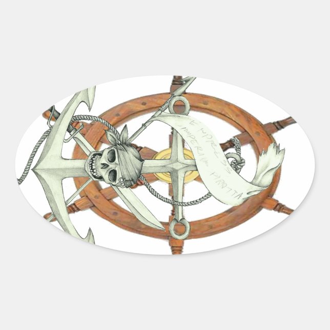Pegatina Ovalada Anclaje de Barco Pirata de Calavera (Anverso)
