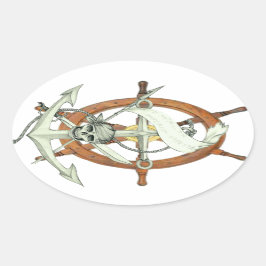 Pegatina Ovalada Anclaje de Barco Pirata de Calavera
