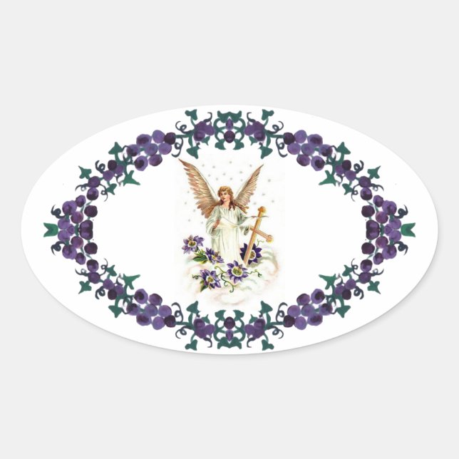 Pegatina Ovalada Ángel Con Flores Cruzadas Y Clematis (Anverso)