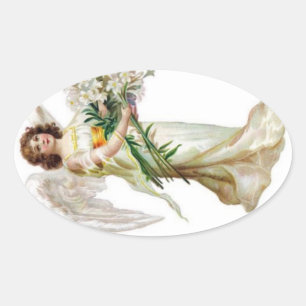 Pegatina Ovalada Ángel con lirios blancos