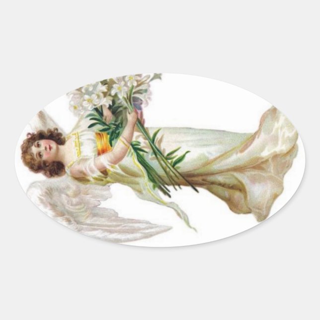Pegatina Ovalada Ángel con lirios blancos (Anverso)