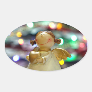 Pegatina Ovalada Ángel de Navidad de madera