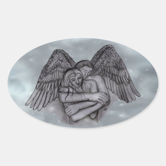 Pegatina Ovalada Angel Eros en el amor (Anverso)