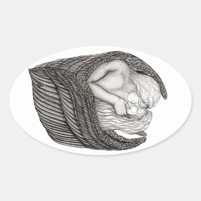 Pegatina Ovalada Angels Kissing , diseño en blanco y negro (Anverso)