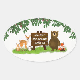 Pegatina Ovalada Animales del Bosque Rústico Cumpleaños Infantil