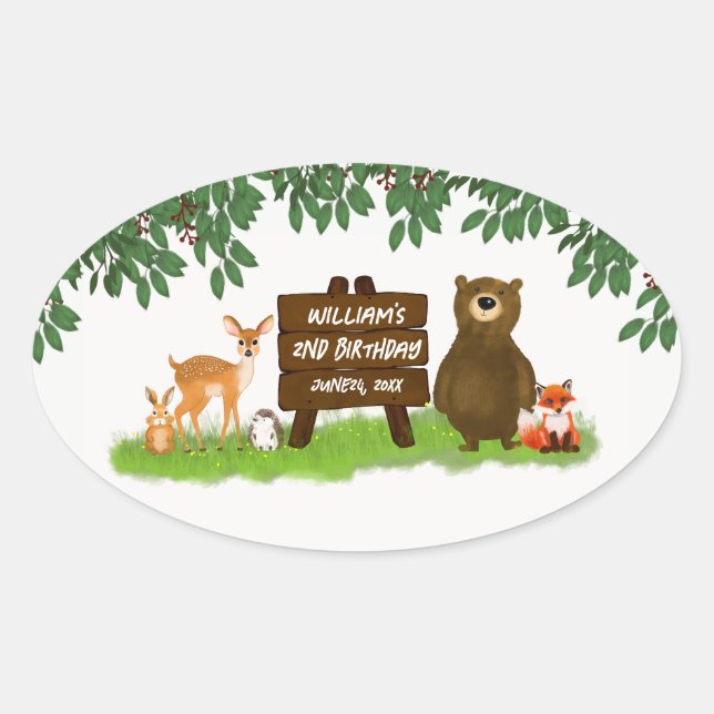 Pegatina Ovalada Animales del Bosque Rústico Cumpleaños Infantil (Anverso)