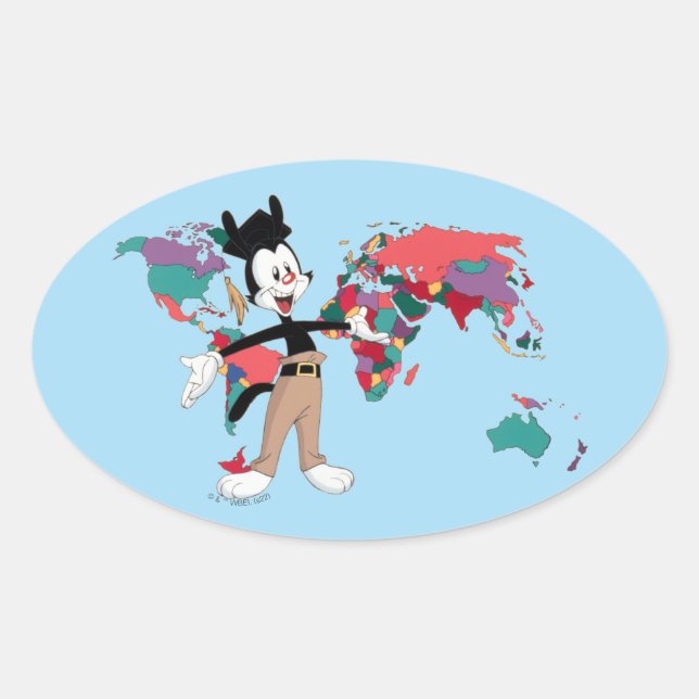 Pegatina Ovalada Animaniacs | Gráfico del Mapa Mundial de Yakko (Anverso)