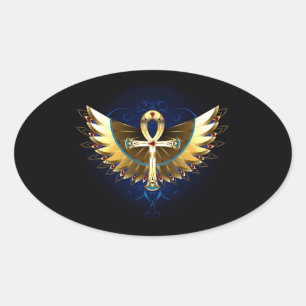Pegatina Ovalada Ankh de oro con alas