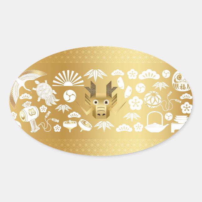 Pegatina Ovalada Año del Dragón, Dragón Dorado (Anverso)