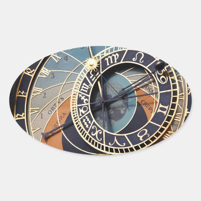 Pegatina Ovalada Antiguo reloj de tiempo de astrología checo. (Anverso)