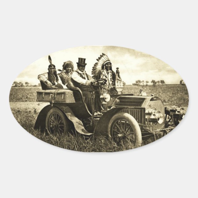 PEGATINA OVALADA APACHES Y GERONIMO CONDUCIENDO UN AUTO MOTOR (Anverso)