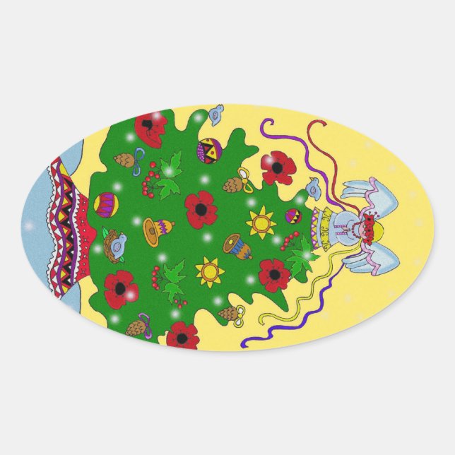 Pegatina Ovalada Árbol de Navidad ucraniano (Anverso)