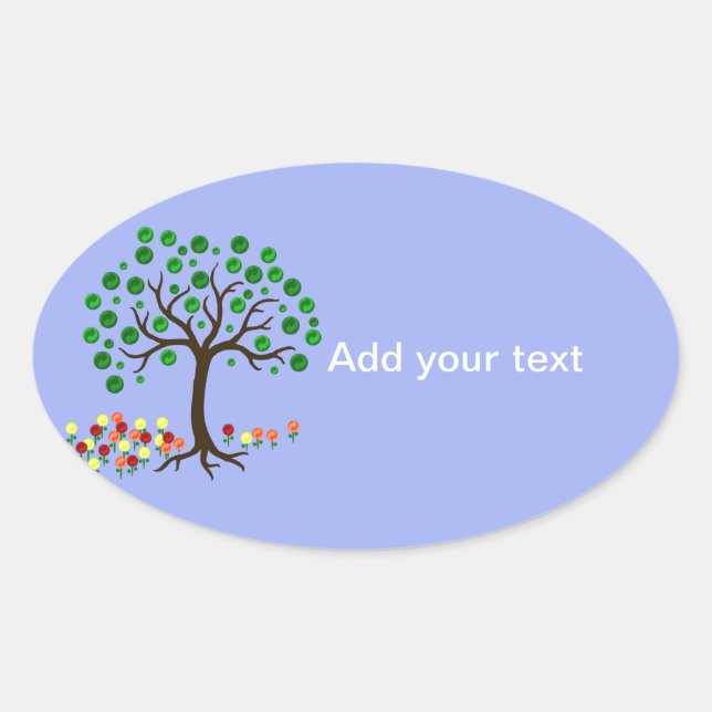 Pegatina Ovalada Árbol de reciclaje y flores (Anverso)