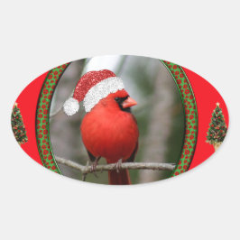 Pegatina Ovalada Árboles cardinales y navideños de fondo rojo